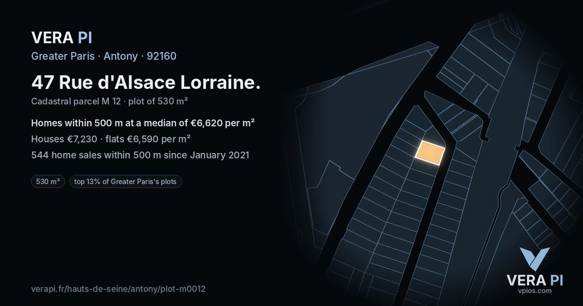 47 Rue d'Alsace Lorraine, Antony at night – the plot lit, the parcels around coloured by the prices near them