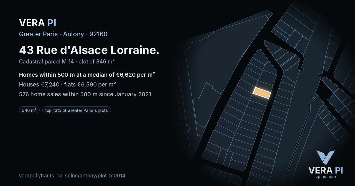 43 Rue d'Alsace Lorraine, Antony at night – the plot lit, the parcels around coloured by the prices near them
