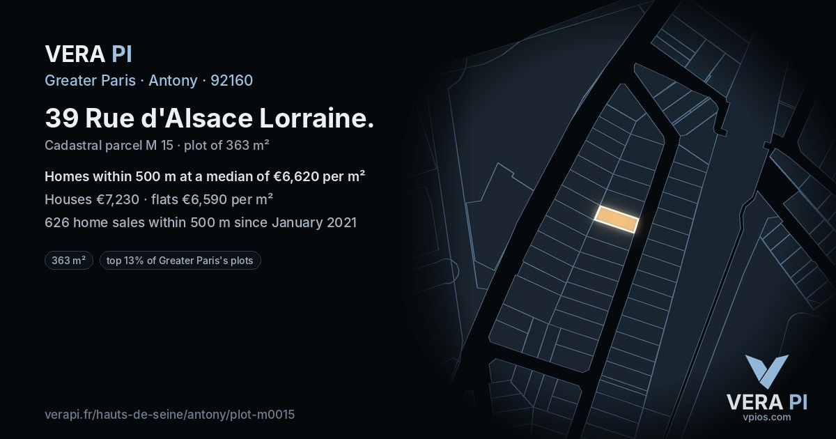 39 Rue d'Alsace Lorraine, Antony at night – the plot lit, the parcels around coloured by the prices near them