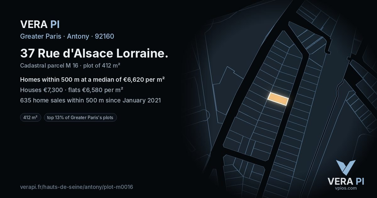 37 Rue d'Alsace Lorraine, Antony at night – the plot lit, the parcels around coloured by the prices near them