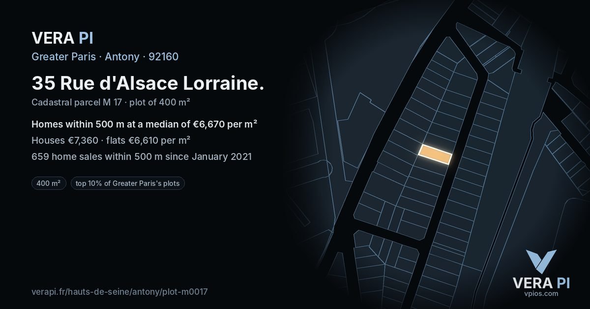 35 Rue d'Alsace Lorraine, Antony at night – the plot lit, the parcels around coloured by the prices near them