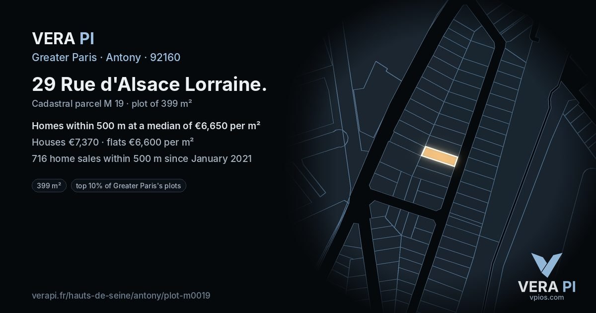29 Rue d'Alsace Lorraine, Antony at night – the plot lit, the parcels around coloured by the prices near them