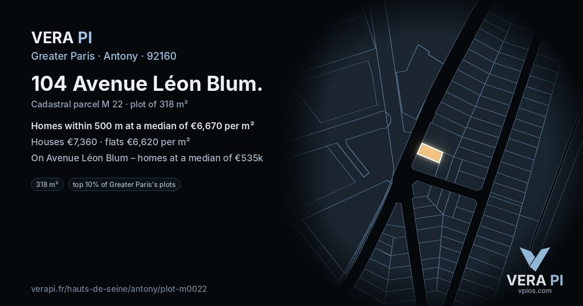 104 Avenue Léon Blum, Antony at night – the plot lit, the parcels around coloured by the prices near them