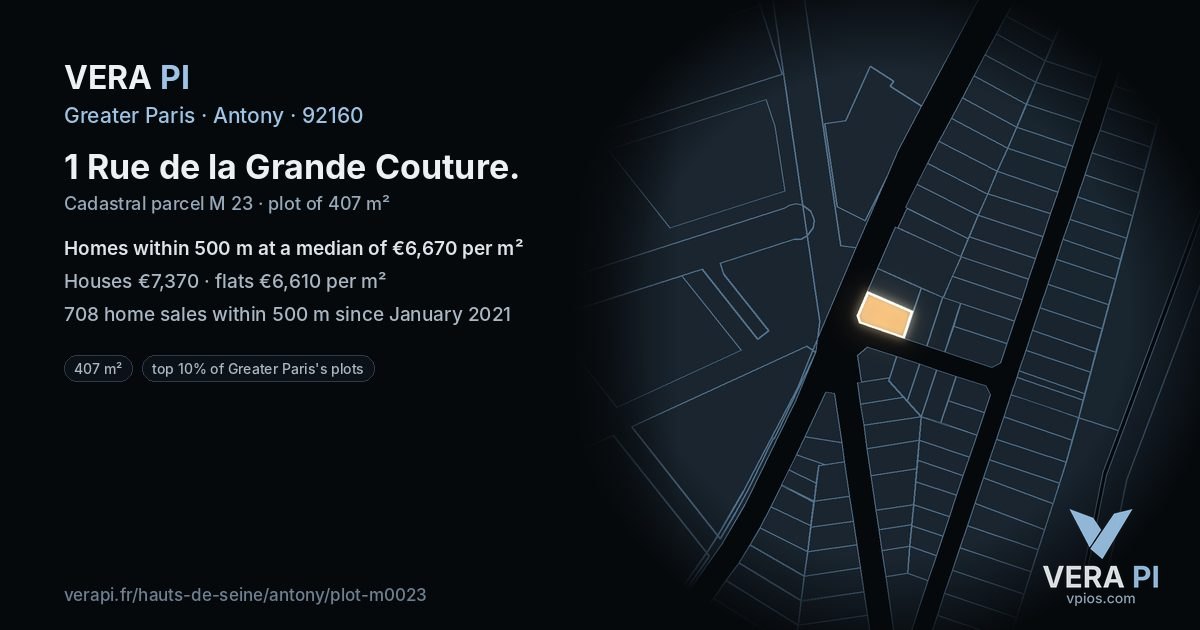 1 Rue de la Grande Couture, Antony at night – the plot lit, the parcels around coloured by the prices near them