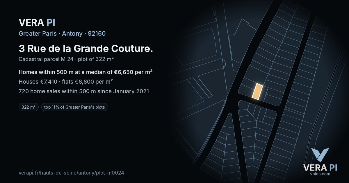 3 Rue de la Grande Couture, Antony at night – the plot lit, the parcels around coloured by the prices near them