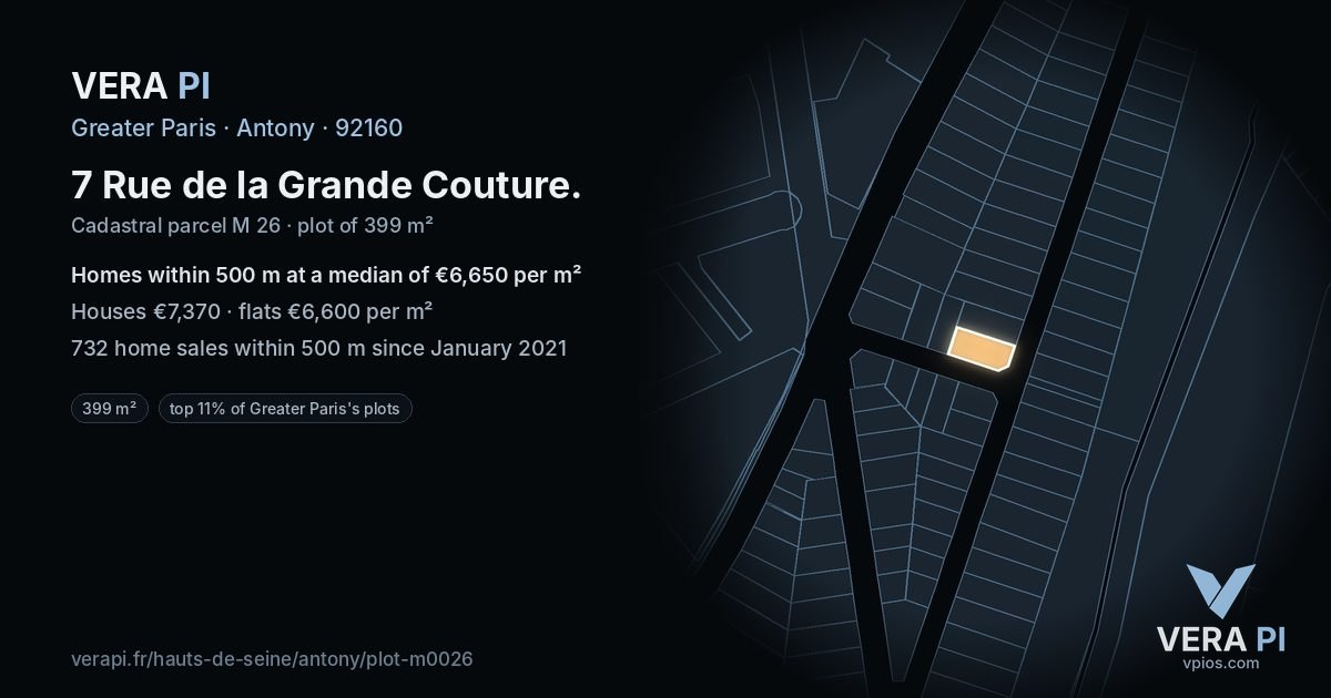 7 Rue de la Grande Couture, Antony at night – the plot lit, the parcels around coloured by the prices near them