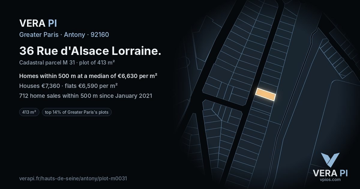 36 Rue d'Alsace Lorraine, Antony at night – the plot lit, the parcels around coloured by the prices near them