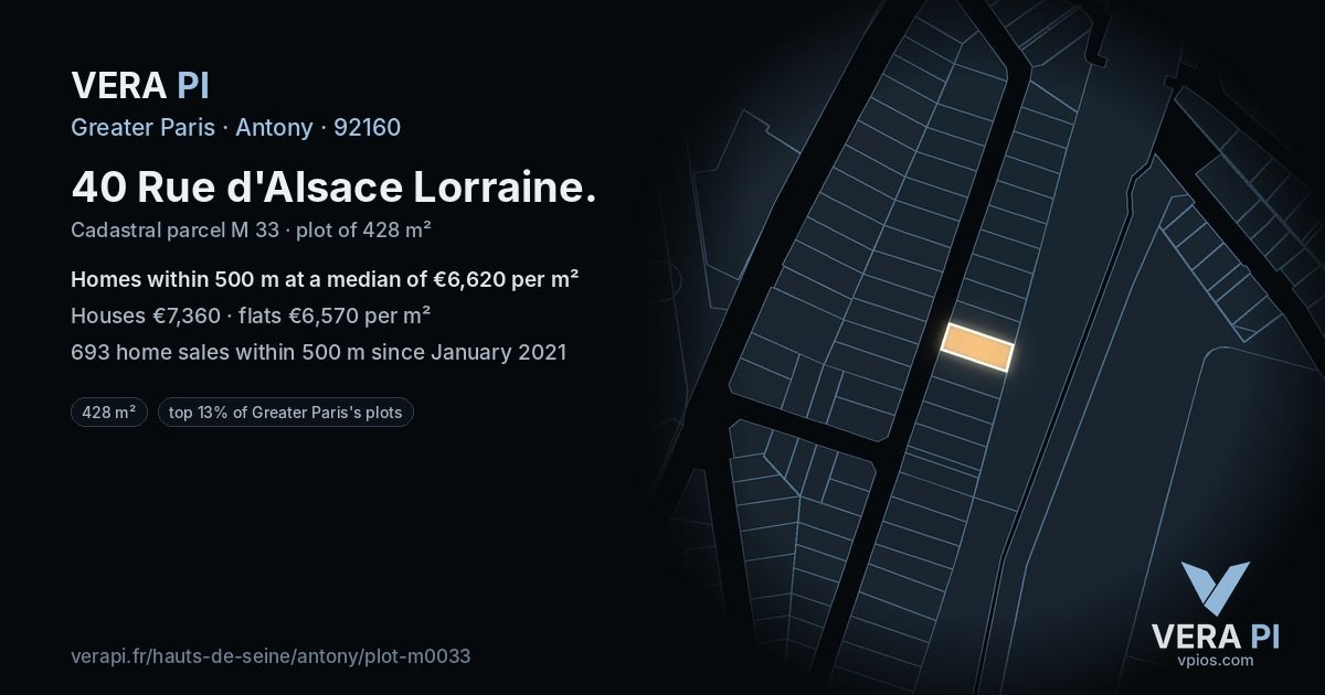 40 Rue d'Alsace Lorraine, Antony at night – the plot lit, the parcels around coloured by the prices near them