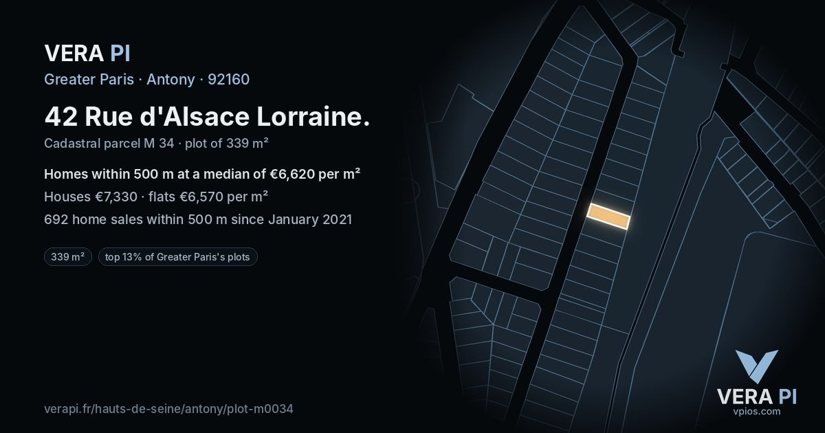 42 Rue d'Alsace Lorraine, Antony at night – the plot lit, the parcels around coloured by the prices near them