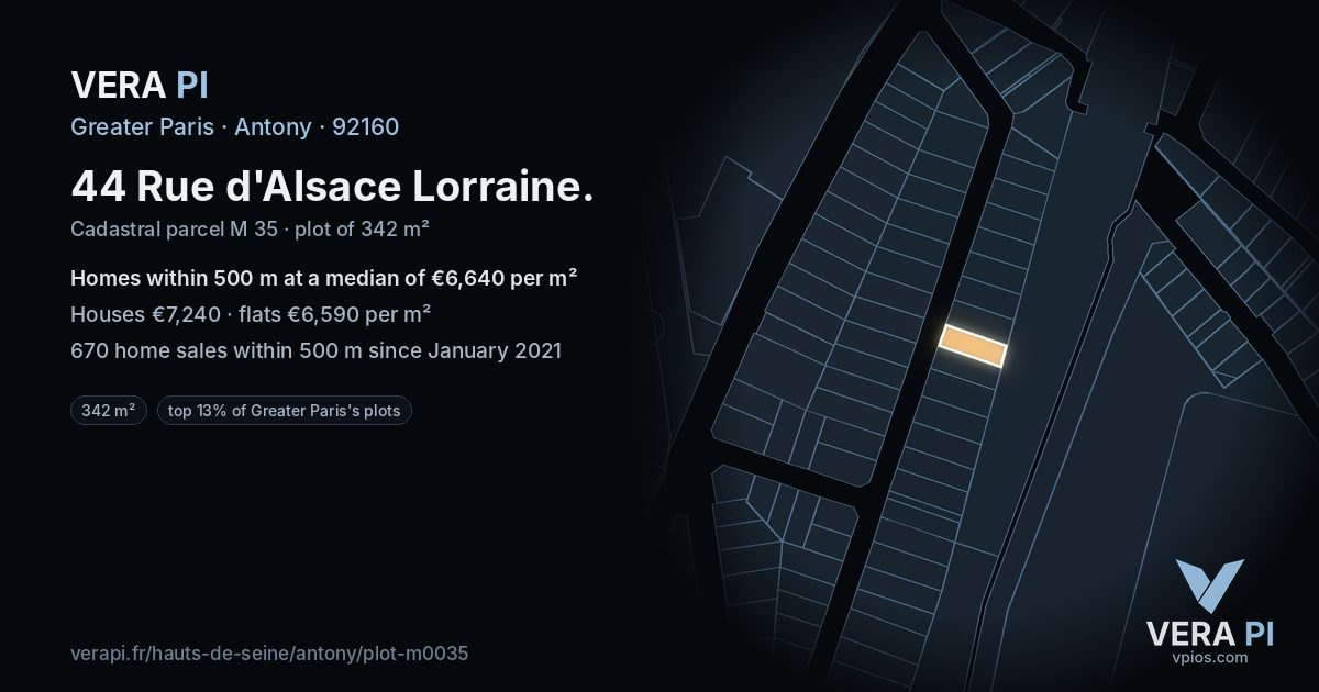 44 Rue d'Alsace Lorraine, Antony at night – the plot lit, the parcels around coloured by the prices near them