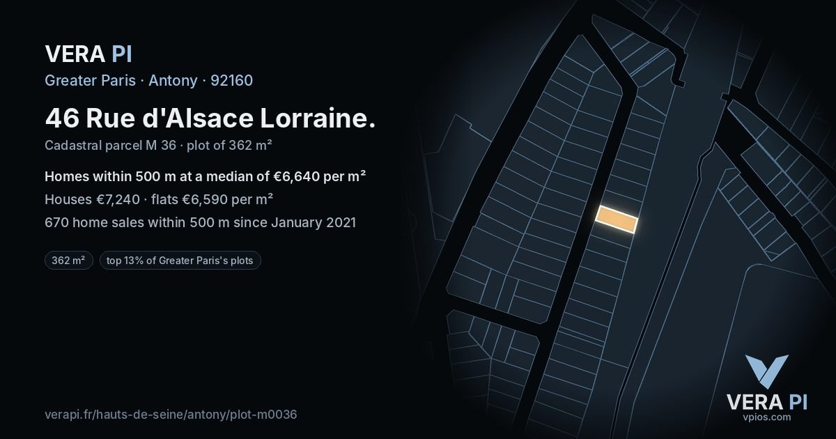 46 Rue d'Alsace Lorraine, Antony at night – the plot lit, the parcels around coloured by the prices near them