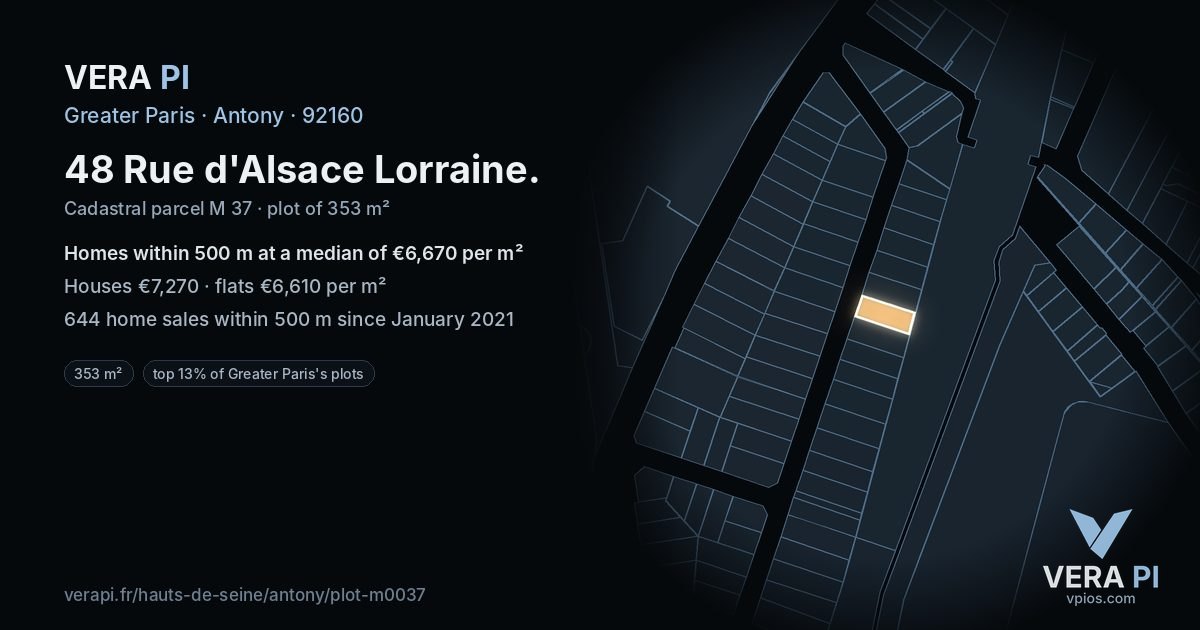 48 Rue d'Alsace Lorraine, Antony at night – the plot lit, the parcels around coloured by the prices near them