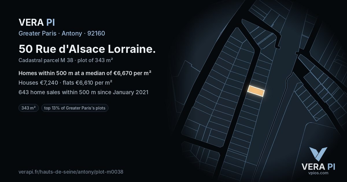 50 Rue d'Alsace Lorraine, Antony at night – the plot lit, the parcels around coloured by the prices near them