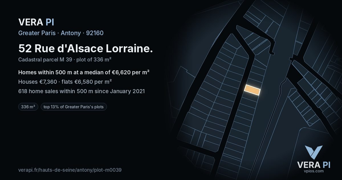 52 Rue d'Alsace Lorraine, Antony at night – the plot lit, the parcels around coloured by the prices near them
