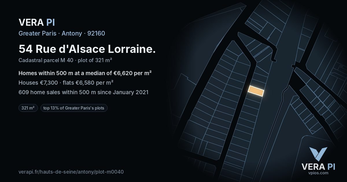 54 Rue d'Alsace Lorraine, Antony at night – the plot lit, the parcels around coloured by the prices near them