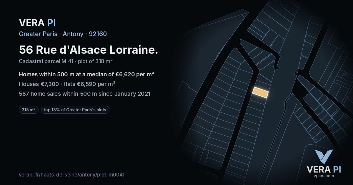56 Rue d'Alsace Lorraine, Antony at night – the plot lit, the parcels around coloured by the prices near them