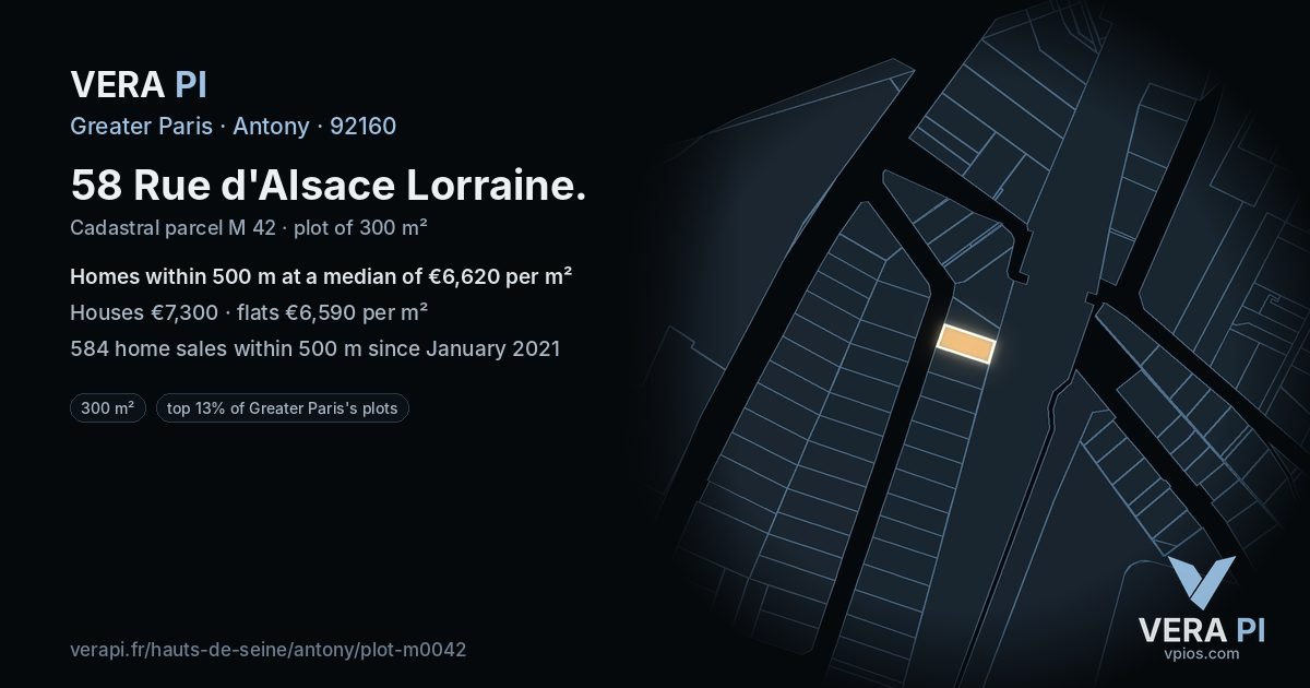 58 Rue d'Alsace Lorraine, Antony at night – the plot lit, the parcels around coloured by the prices near them