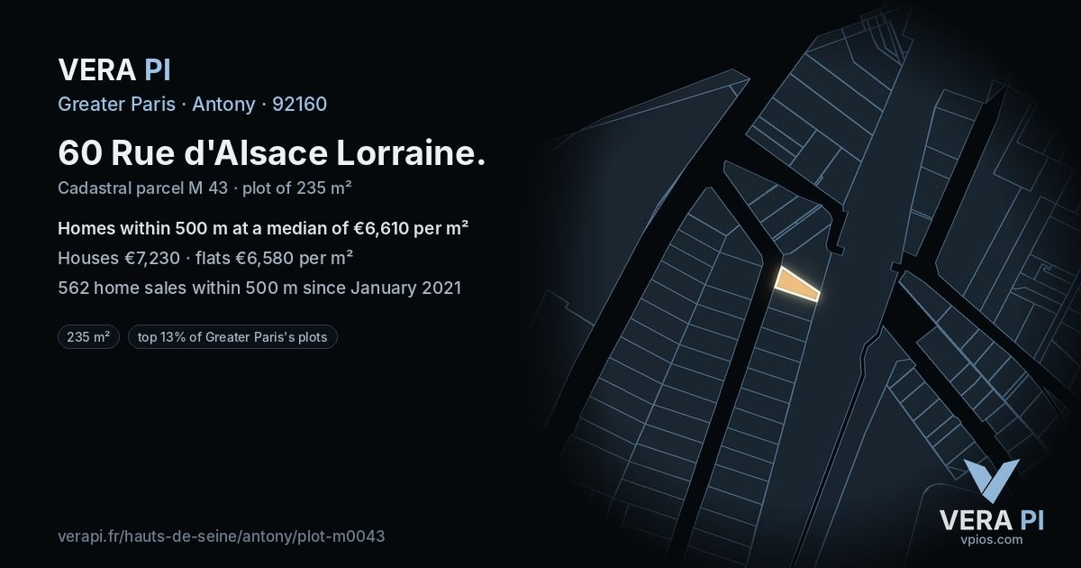 60 Rue d'Alsace Lorraine, Antony at night – the plot lit, the parcels around coloured by the prices near them