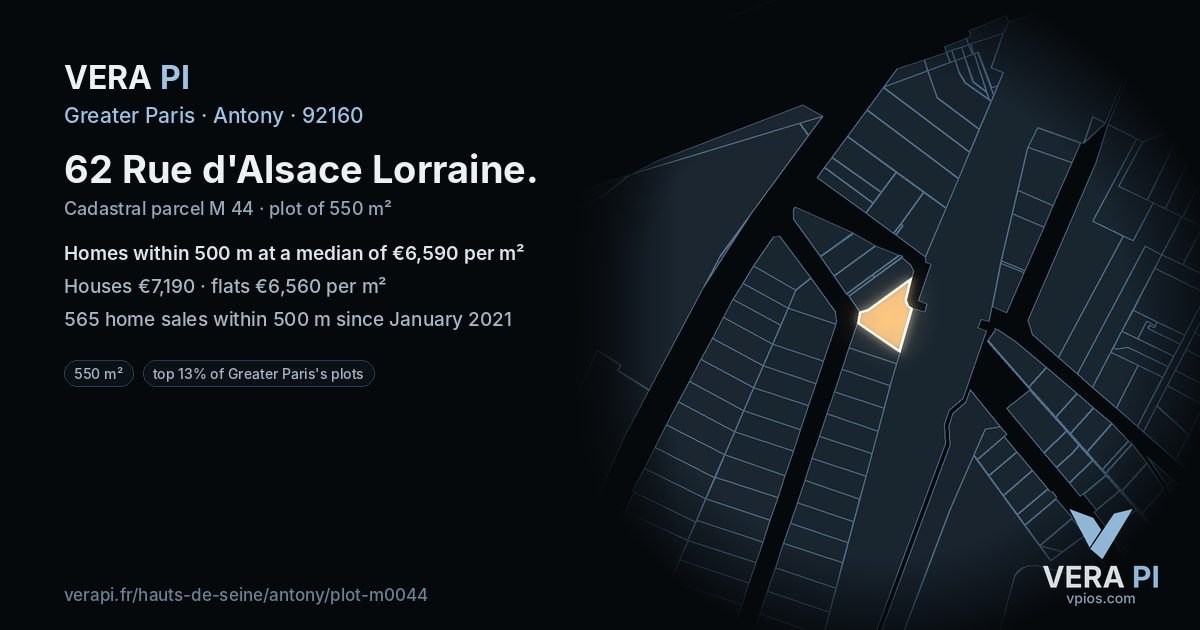 62 Rue d'Alsace Lorraine, Antony at night – the plot lit, the parcels around coloured by the prices near them