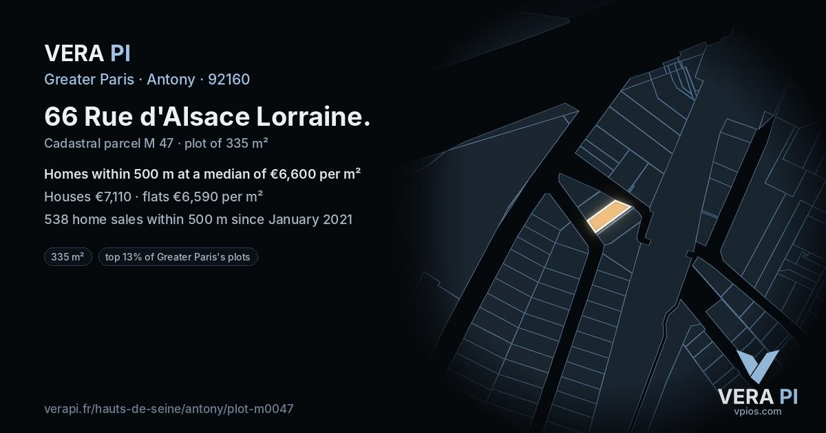 66 Rue d'Alsace Lorraine, Antony at night – the plot lit, the parcels around coloured by the prices near them