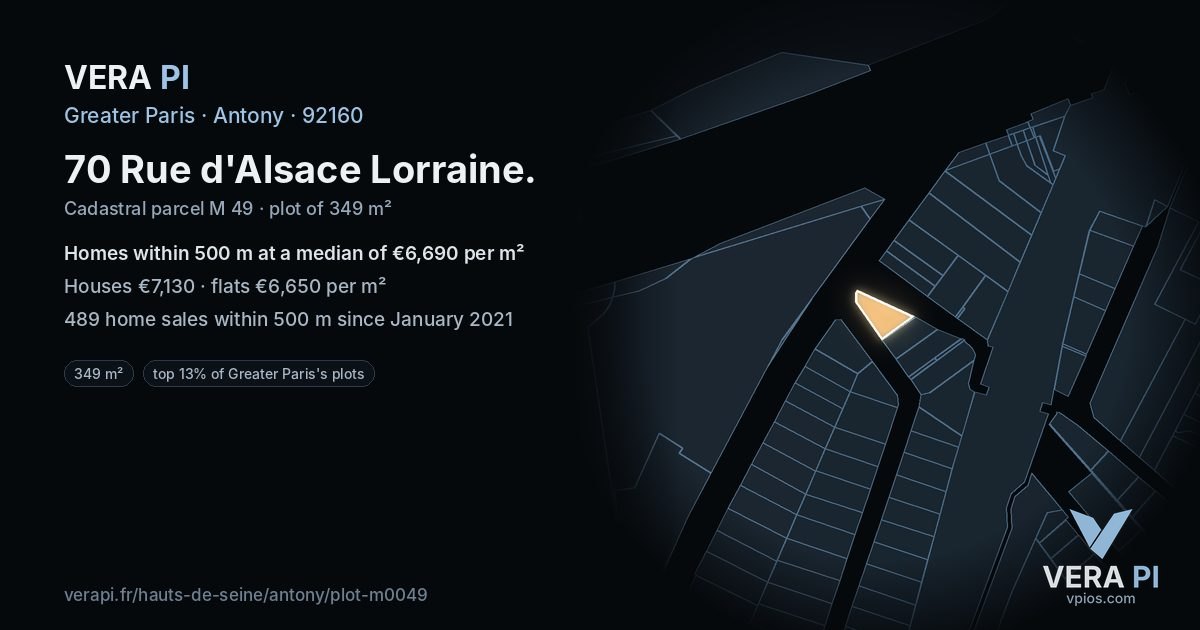 70 Rue d'Alsace Lorraine, Antony at night – the plot lit, the parcels around coloured by the prices near them