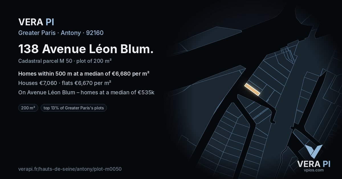 138 Avenue Léon Blum, Antony at night – the plot lit, the parcels around coloured by the prices near them