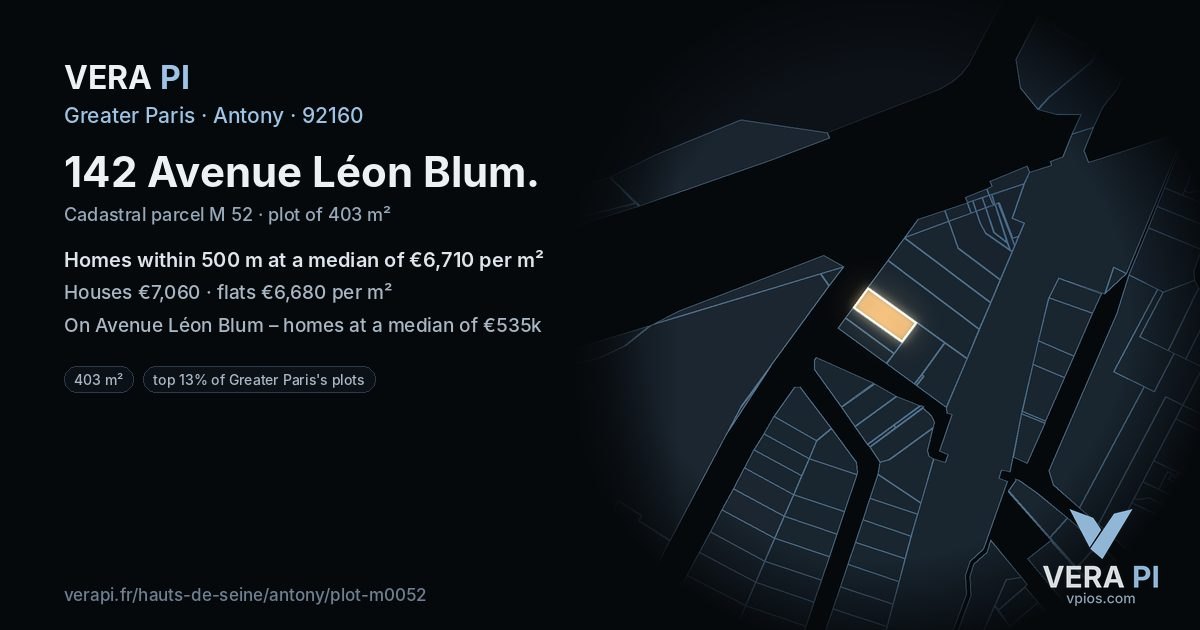 142 Avenue Léon Blum, Antony at night – the plot lit, the parcels around coloured by the prices near them
