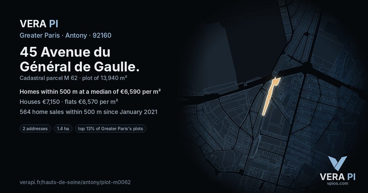 45 Avenue du Général de Gaulle, Antony at night – the plot lit, the parcels around coloured by the prices near them