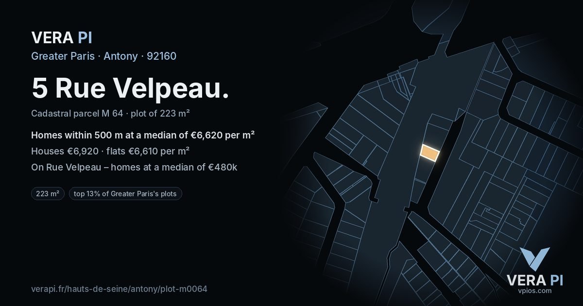 5 Rue Velpeau, Antony at night – the plot lit, the parcels around coloured by the prices near them