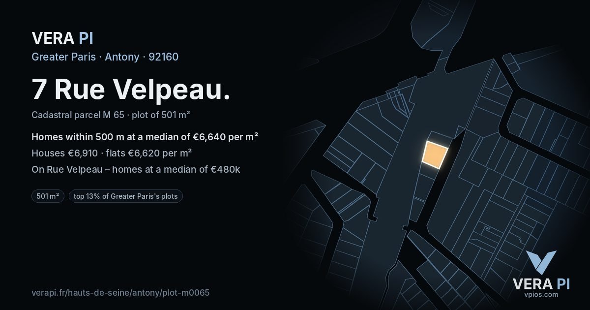 7 Rue Velpeau, Antony at night – the plot lit, the parcels around coloured by the prices near them