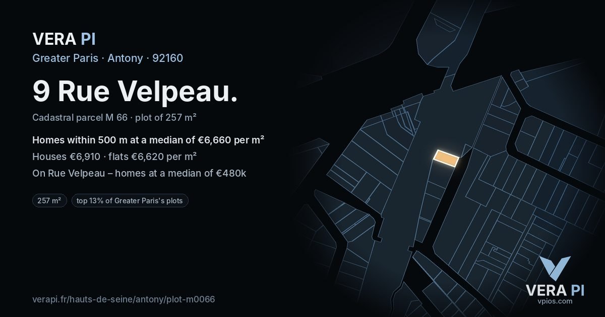 9 Rue Velpeau, Antony at night – the plot lit, the parcels around coloured by the prices near them