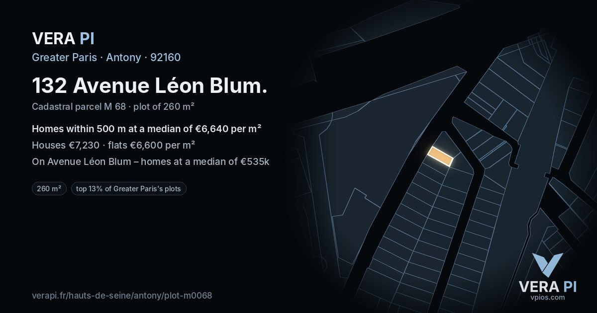 132 Avenue Léon Blum, Antony at night – the plot lit, the parcels around coloured by the prices near them