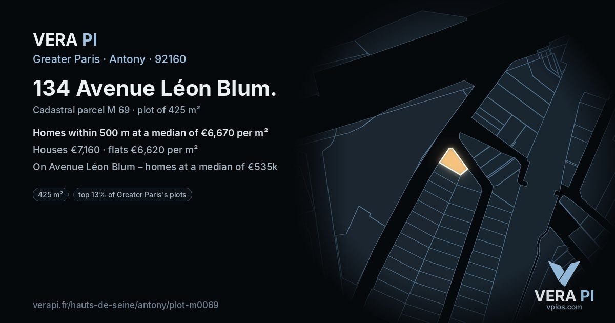 134 Avenue Léon Blum, Antony at night – the plot lit, the parcels around coloured by the prices near them