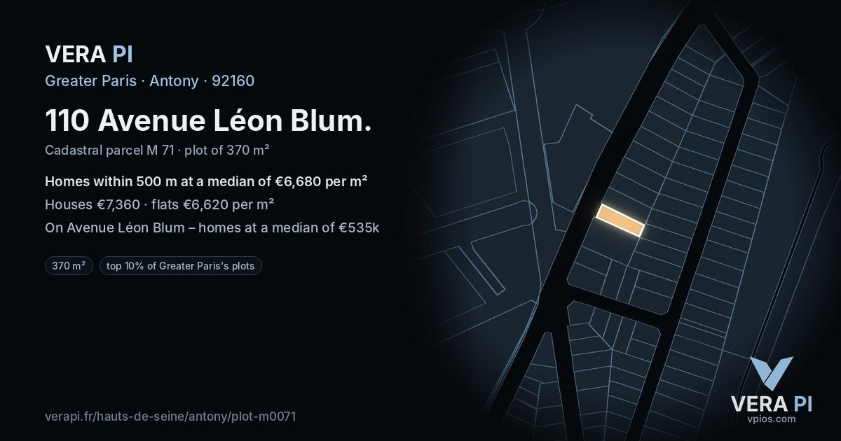 110 Avenue Léon Blum, Antony at night – the plot lit, the parcels around coloured by the prices near them