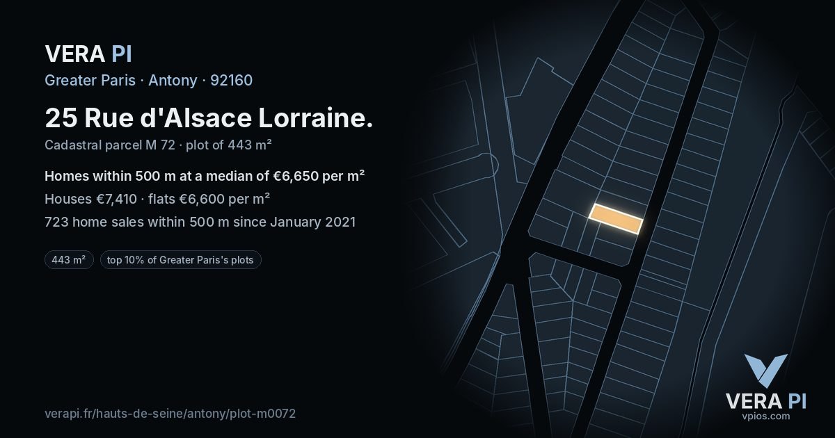 25 Rue d'Alsace Lorraine, Antony at night – the plot lit, the parcels around coloured by the prices near them