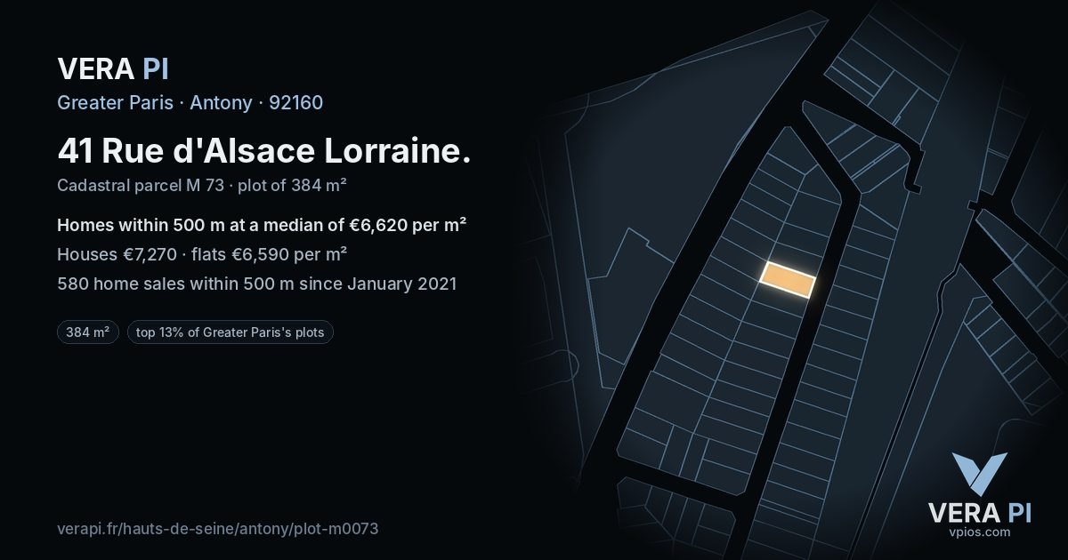 41 Rue d'Alsace Lorraine, Antony at night – the plot lit, the parcels around coloured by the prices near them