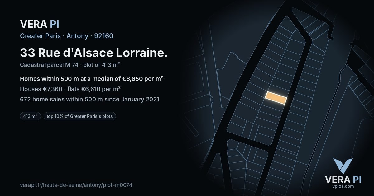 33 Rue d'Alsace Lorraine, Antony at night – the plot lit, the parcels around coloured by the prices near them