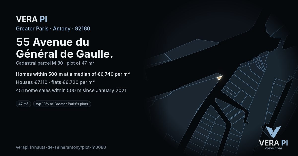 55 Avenue du Général de Gaulle, Antony at night – the plot lit, the parcels around coloured by the prices near them