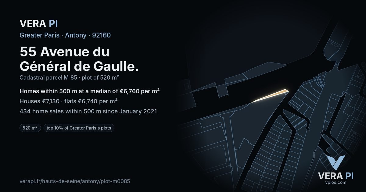 55 Avenue du Général de Gaulle, Antony at night – the plot lit, the parcels around coloured by the prices near them
