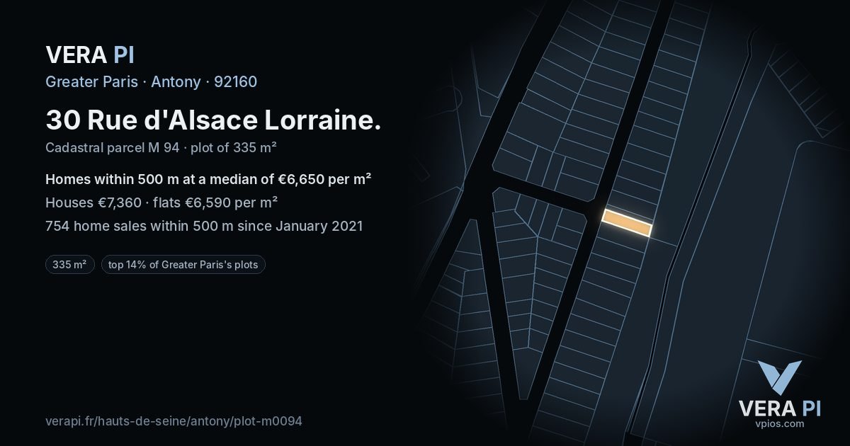 30 Rue d'Alsace Lorraine, Antony at night – the plot lit, the parcels around coloured by the prices near them