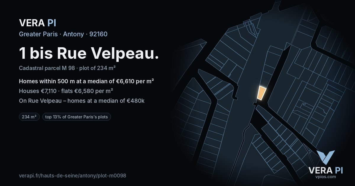 1 bis Rue Velpeau, Antony at night – the plot lit, the parcels around coloured by the prices near them
