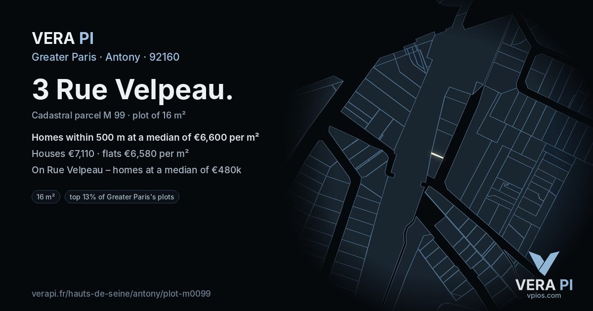 3 Rue Velpeau, Antony at night – the plot lit, the parcels around coloured by the prices near them