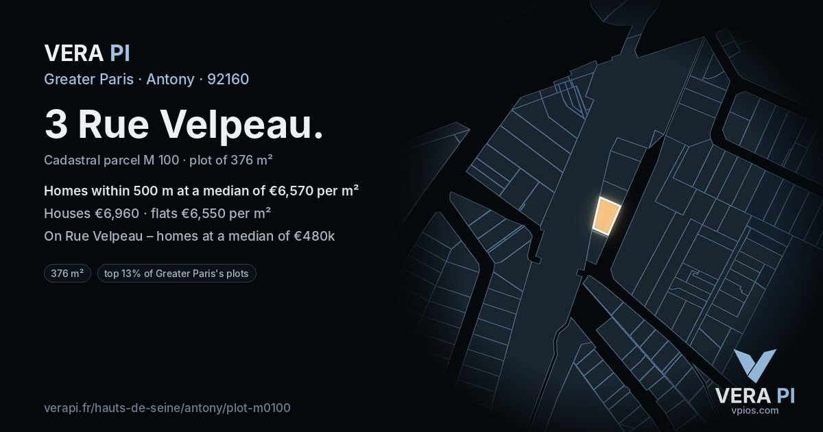 3 Rue Velpeau, Antony at night – the plot lit, the parcels around coloured by the prices near them
