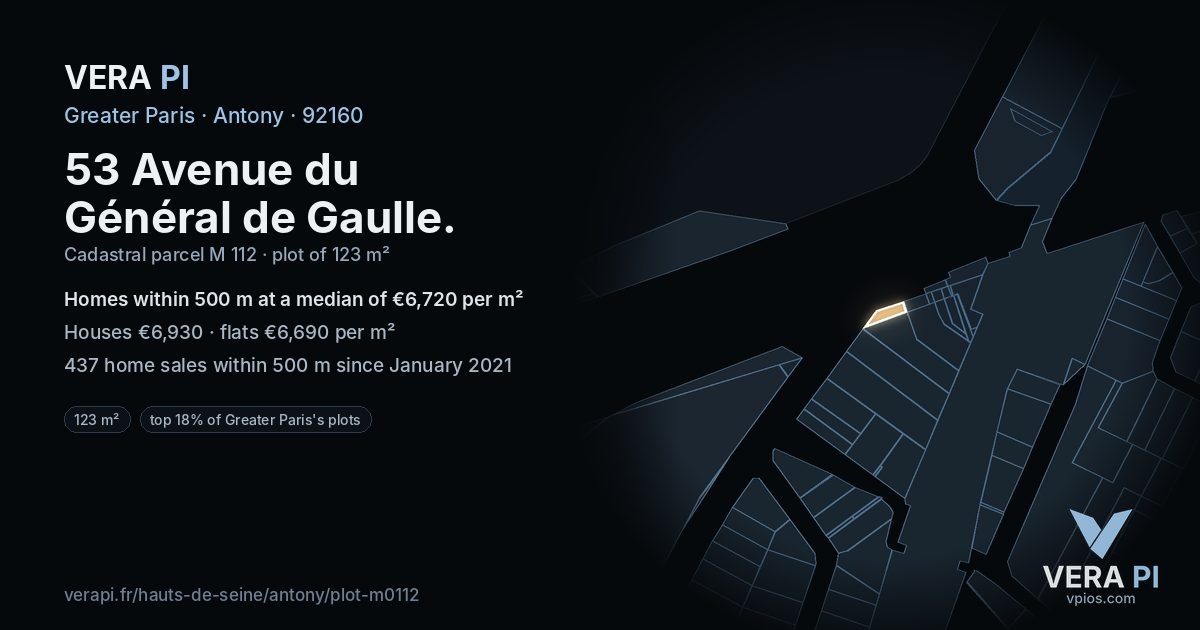 53 Avenue du Général de Gaulle, Antony at night – the plot lit, the parcels around coloured by the prices near them