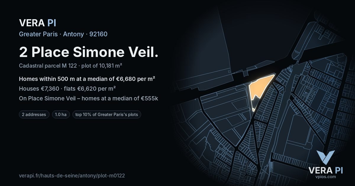 2 Place Simone Veil, Antony at night – the plot lit, the parcels around coloured by the prices near them