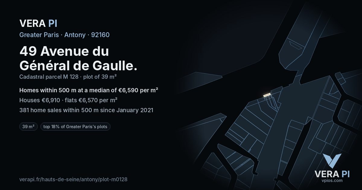 49 Avenue du Général de Gaulle, Antony at night – the plot lit, the parcels around coloured by the prices near them