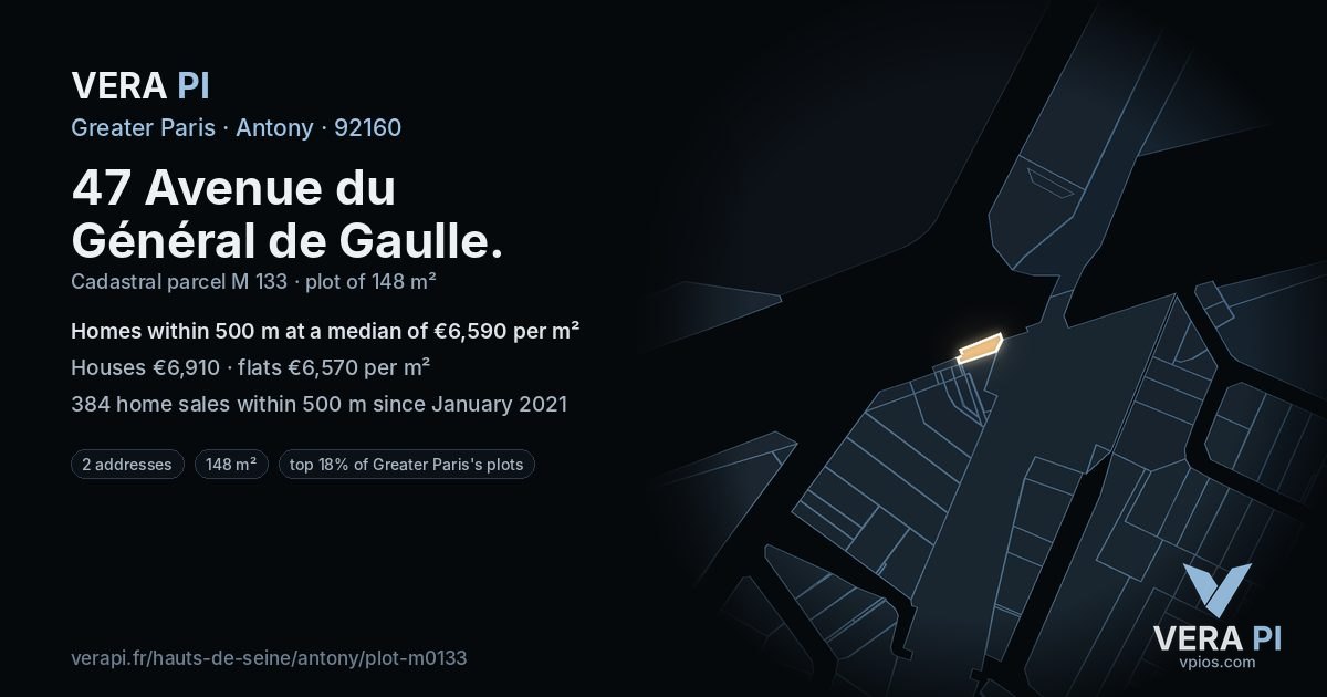 47 Avenue du Général de Gaulle, Antony at night – the plot lit, the parcels around coloured by the prices near them