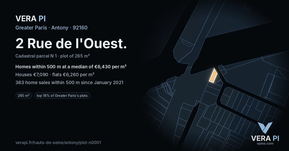2 Rue de l'Ouest, Antony at night – the plot lit, the parcels around coloured by the prices near them