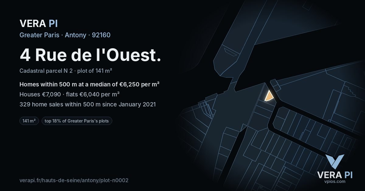 4 Rue de l'Ouest, Antony at night – the plot lit, the parcels around coloured by the prices near them