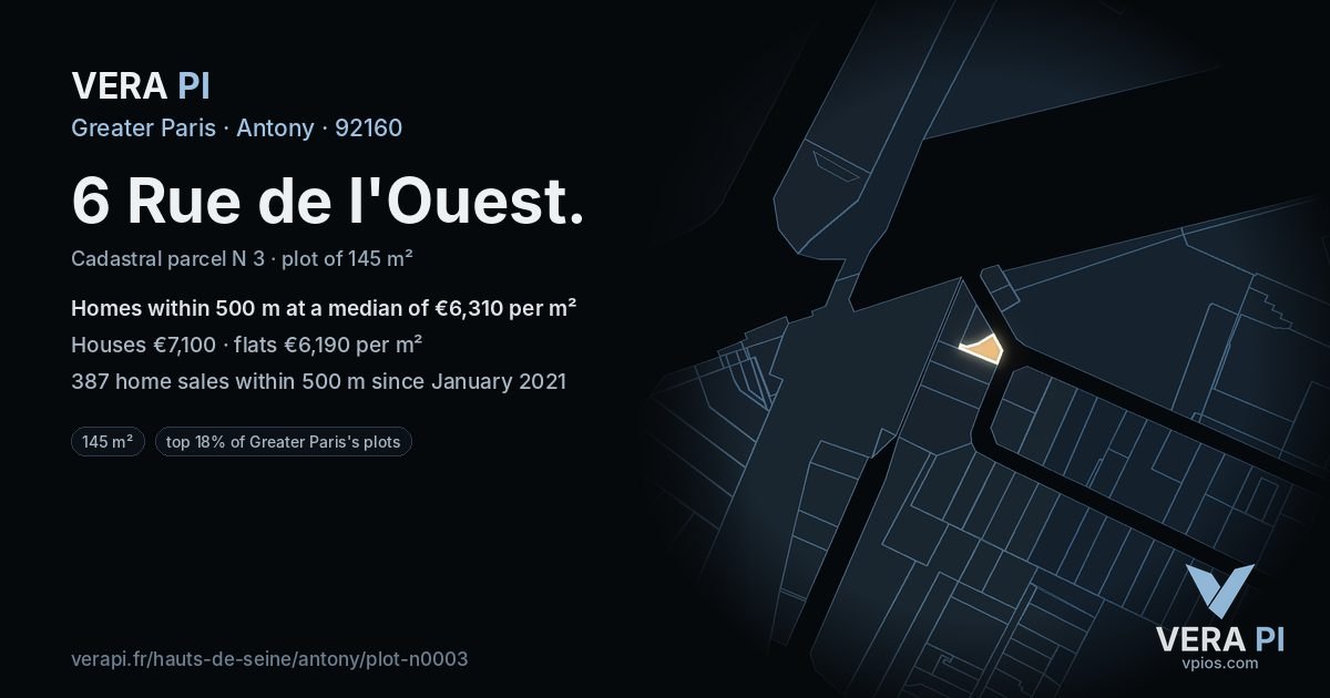 6 Rue de l'Ouest, Antony at night – the plot lit, the parcels around coloured by the prices near them